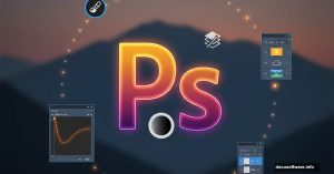 Photoshop logo surrounded by sunset colors and photo editing tools