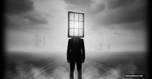 Surreal window-headed figure in suit on desolate road Photoshop manipulation