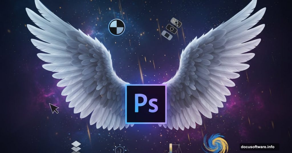 Dramatic white angel wings with Photoshop tools and interface elements