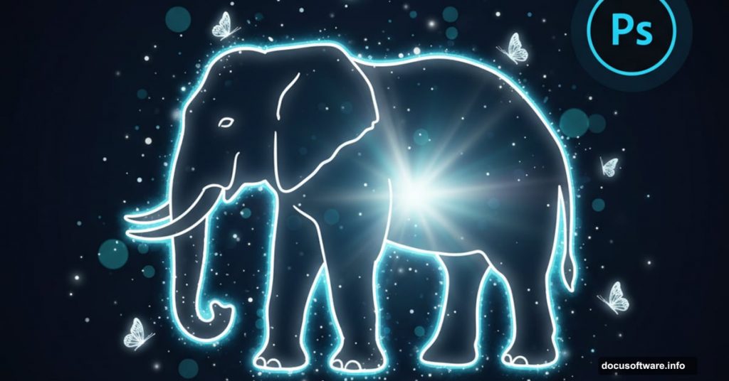 Glowing ethereal elephant with luminous effects and Photoshop interface elements