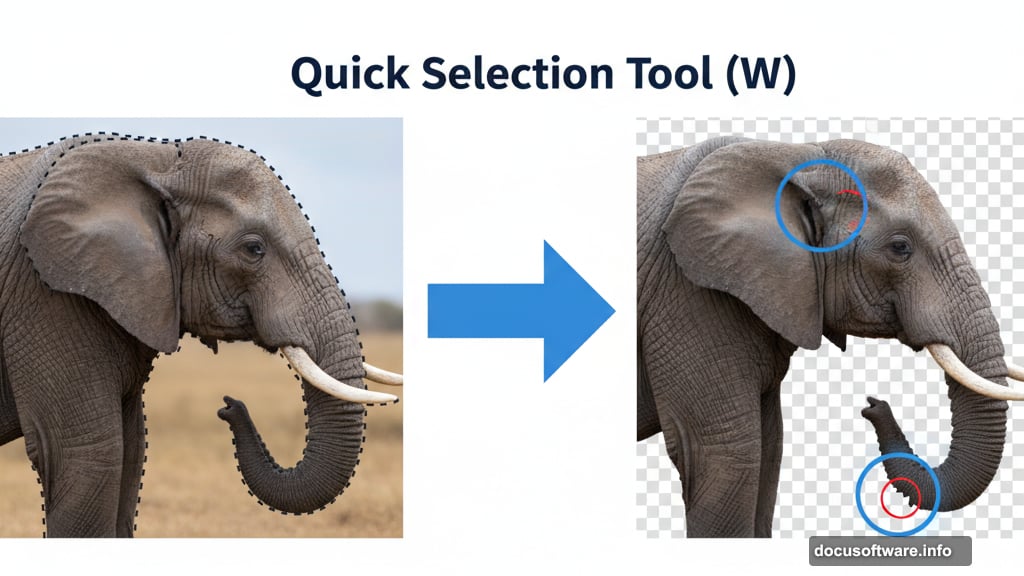Quick Selection Tool extracts elephant cleanly with detailed edge work