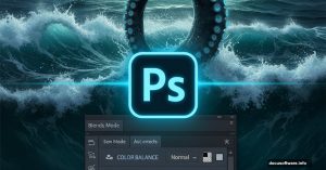 Photoshop logo between ocean creature and software interface layers