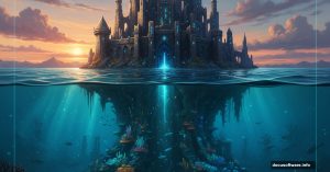 Fantasy castle submerged underwater with sky above in Photoshop tutorial