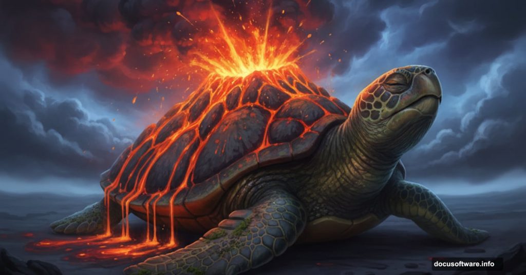 Realistic turtle with volcanic eruption emerging from shell in surreal composite