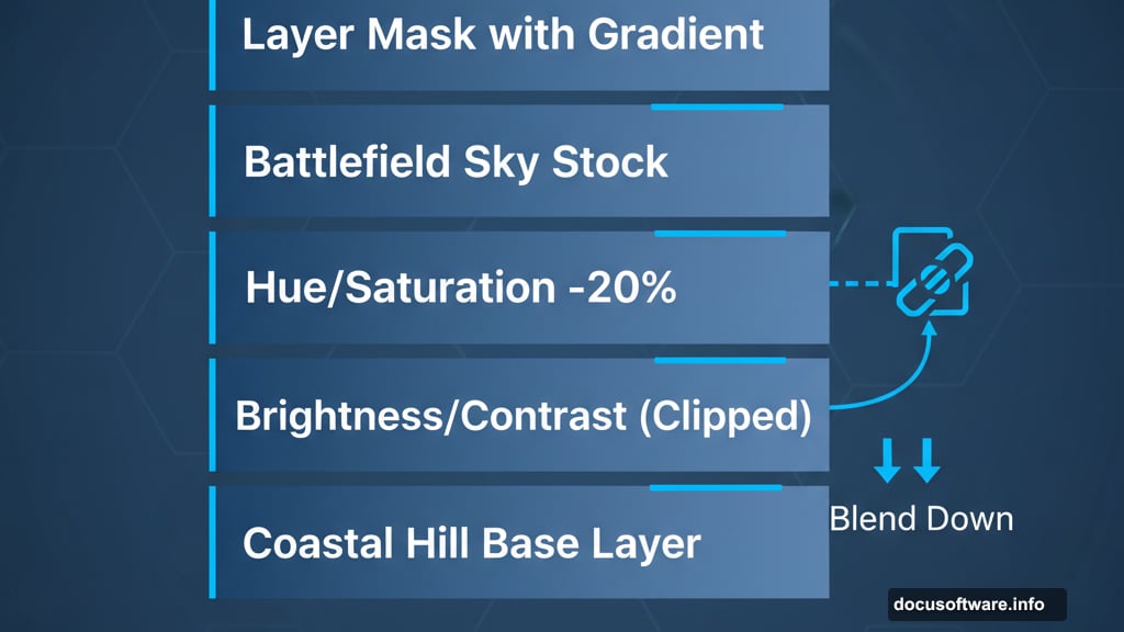 Adjustment layers and clipping masks create cohesive lighting and color
