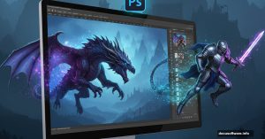 Photoshop interface with dragon and knight emerging from digital canvas