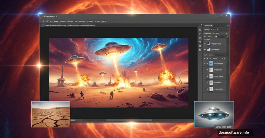 Photoshop workspace showing alien invasion scene tutorial in progress