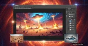 Photoshop workspace showing alien invasion scene tutorial in progress