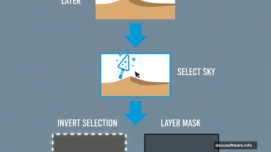 Magic Wand Tool selects sky then layer mask reveals terrain