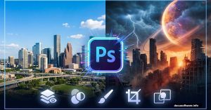 Split screen showing cityscape transforming into apocalyptic scene with Photoshop logo
