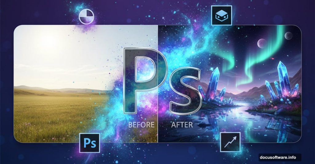 Photoshop logo surrounded by fantasy effects and photo manipulation tools
