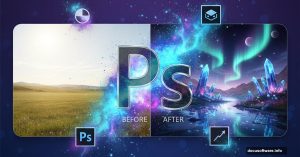 Photoshop logo surrounded by fantasy effects and photo manipulation tools