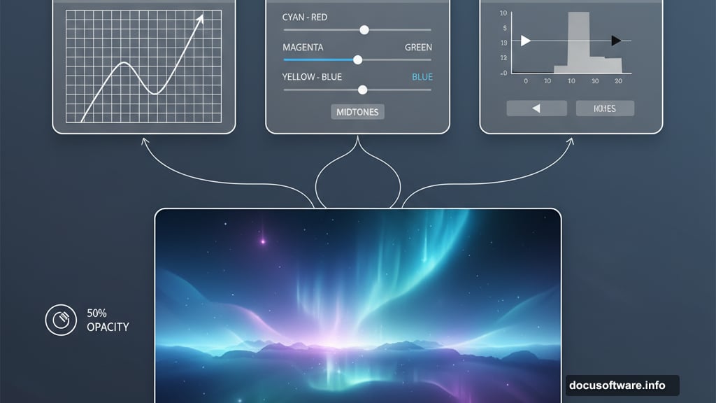 Adjustment layers including Curves Color Balance and Levels transform scenes