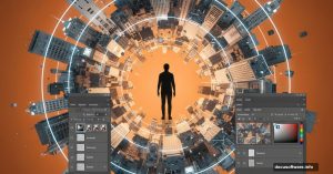 Person surrounded by floating fragmented city buildings and digital cubes