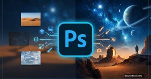 Photoshop logo with source photos transforming into sci-fi composite scene