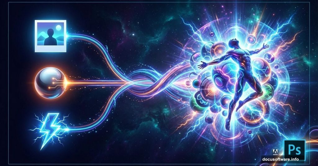 Three simple images transforming into complex glowing Photoshop composite