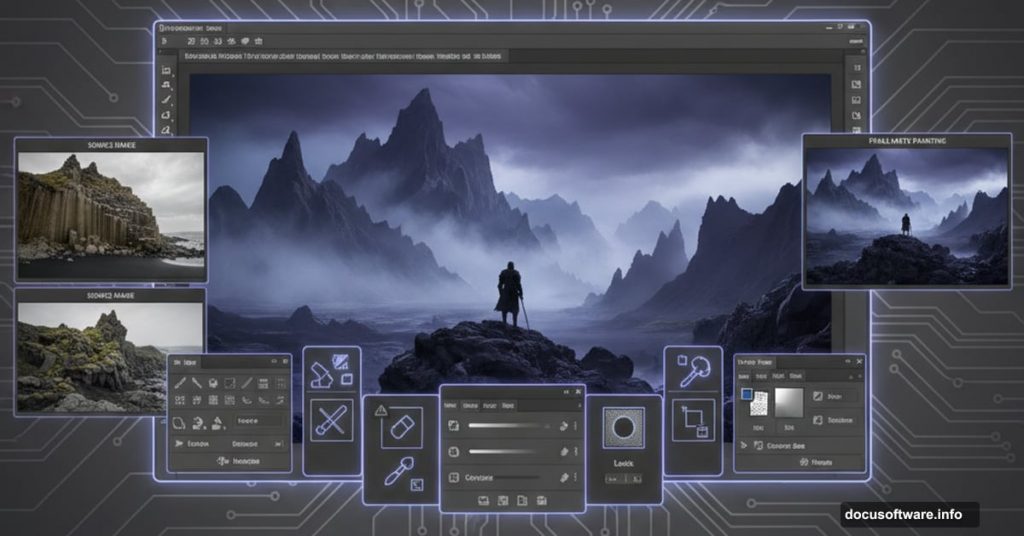 Dark fantasy landscape emerging from Photoshop editing tools and layers