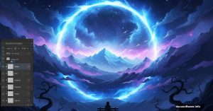 Glowing cosmic sky portal above silhouetted person demonstrating Photoshop technique