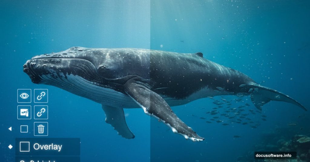 Whale underwater scene split showing Photoshop layers and final composite result