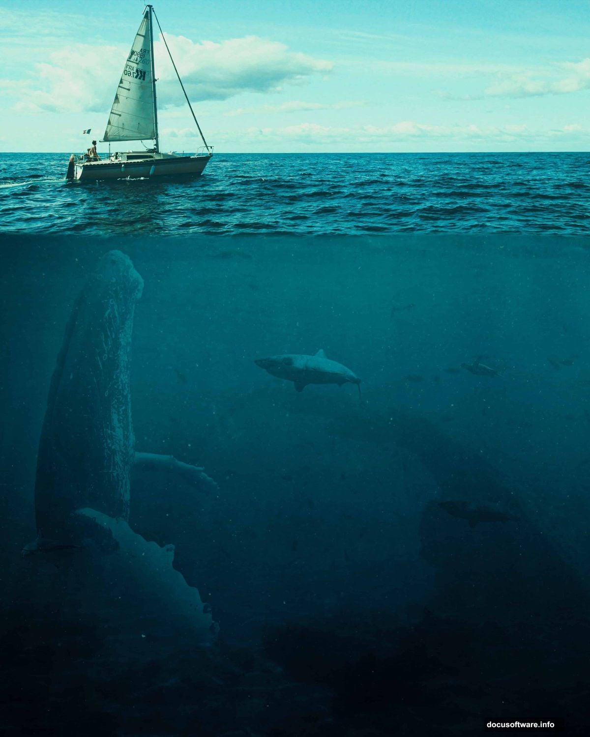 Multiple water layers at different blend modes simulate light scattering