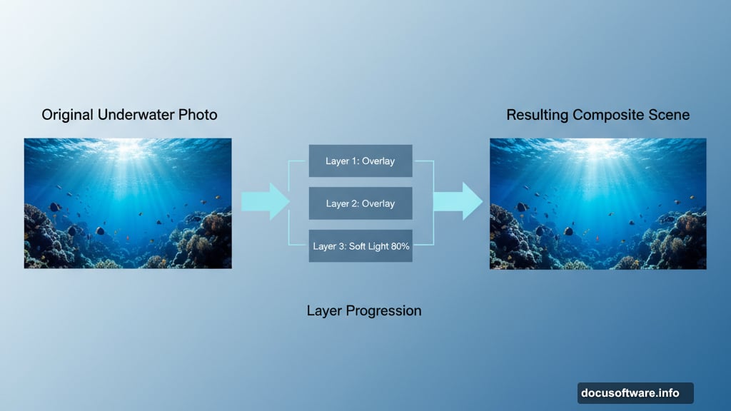 Multiple water layers at different blend modes simulate light scattering