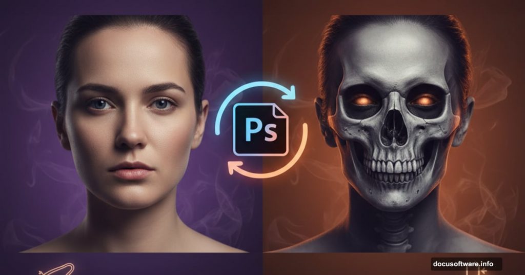 Portrait photo transforming into haunting Halloween skull overlay effect