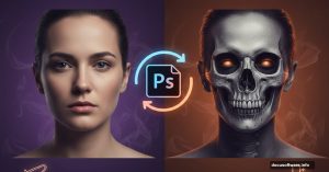 Portrait photo transforming into haunting Halloween skull overlay effect