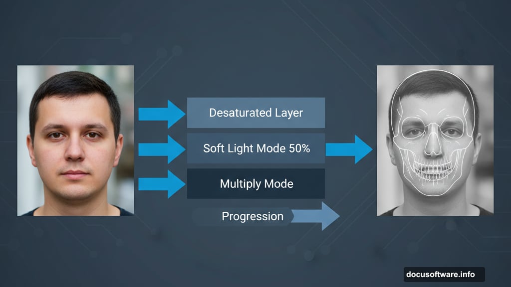 Layering desaturated versions with skull elements builds authentic depth