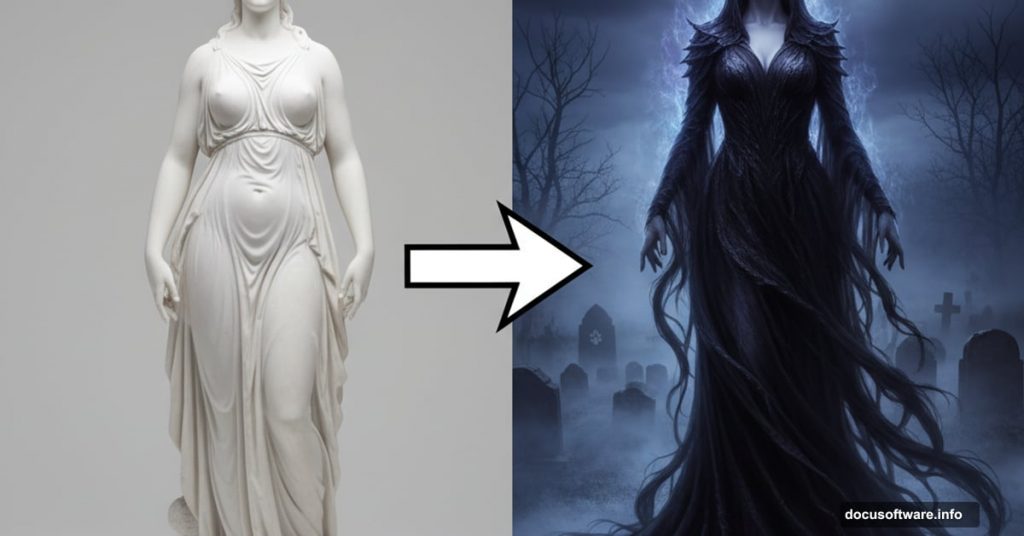 Before and after: statue transformed into haunting cemetery figure