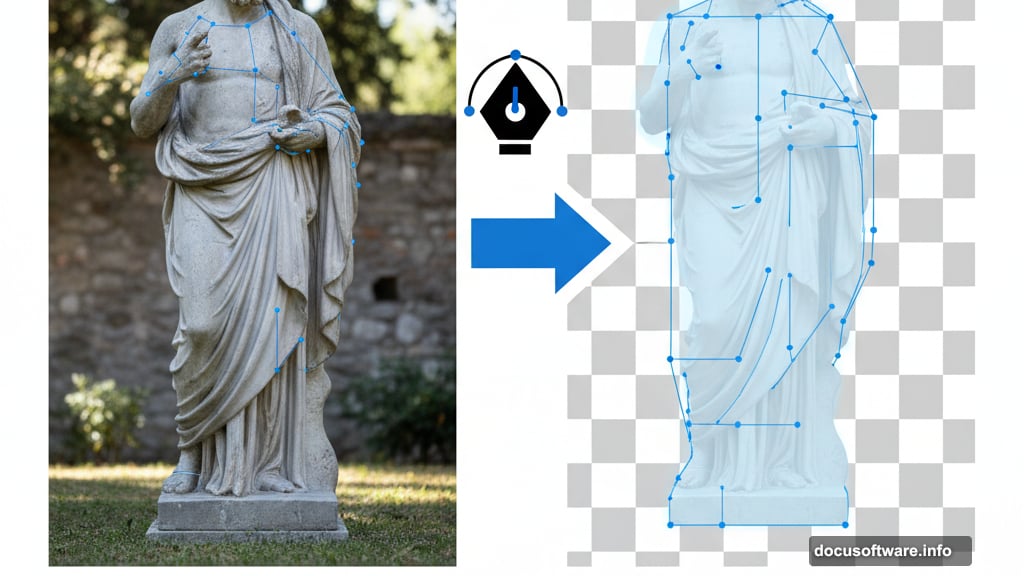 Pen tool carefully traces around statue edges for clean extraction