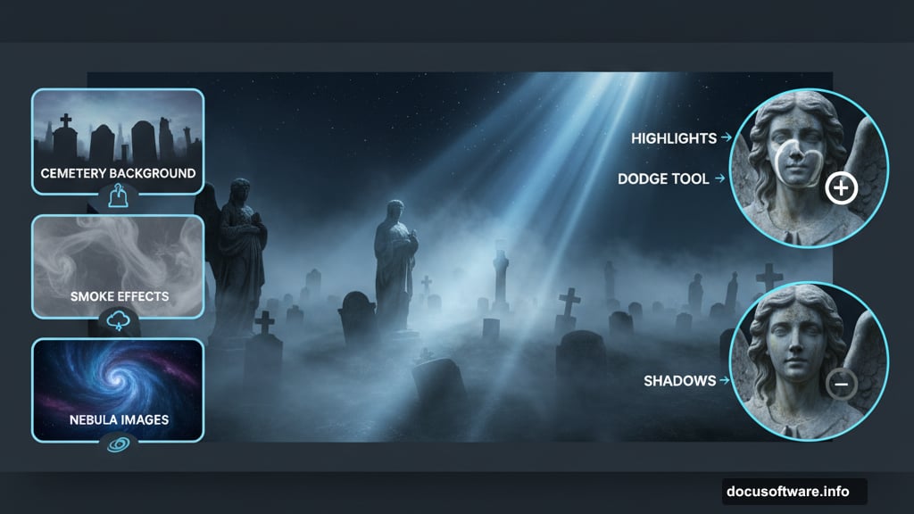 Dodge and burn painting blends multiple elements with atmospheric lighting