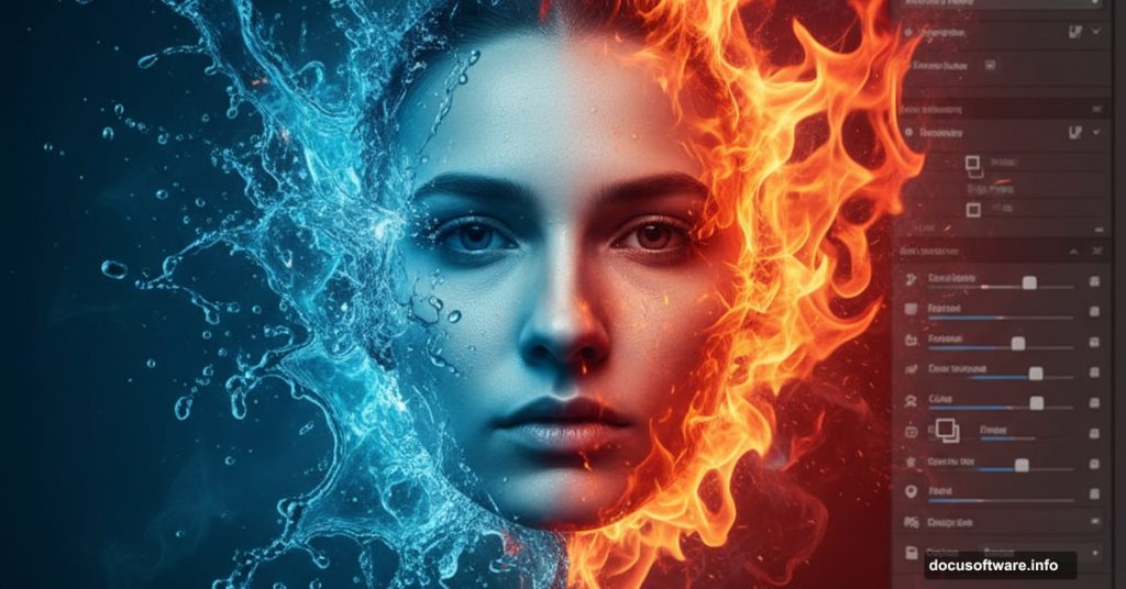 Portrait split between water and fire effects in Photoshop