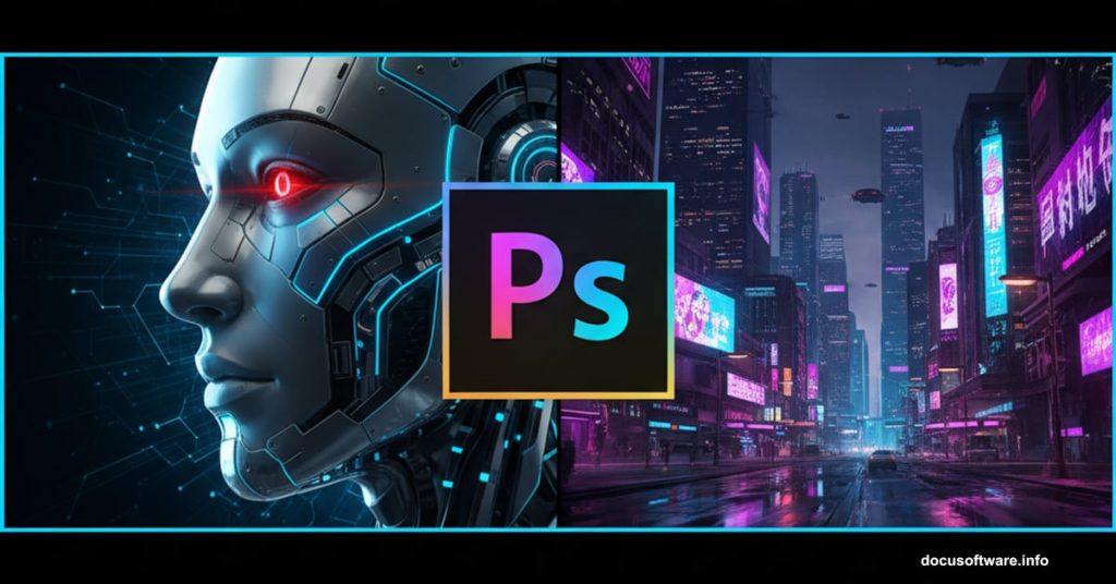 Photoshop logo connecting neon cyborg and cyberpunk cityscape imagery