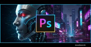Photoshop logo connecting neon cyborg and cyberpunk cityscape imagery