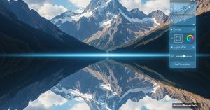 Split landscape showing mountains right-side up and flipped upside-down with Photoshop tools