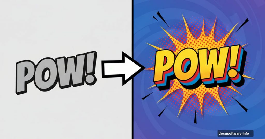 Flat text versus vibrant 3D comic book lettering effect comparison