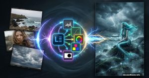 Photoshop tutorial showing stock photos transforming into dramatic mermaid scene