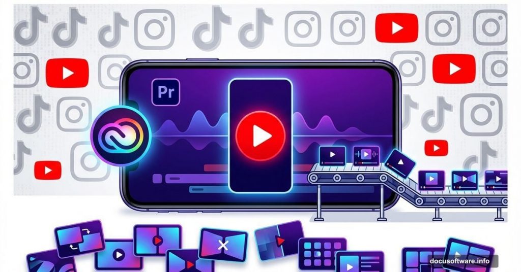 Smartphone showing Adobe Premiere mobile creating YouTube Shorts with factory conveyor belt