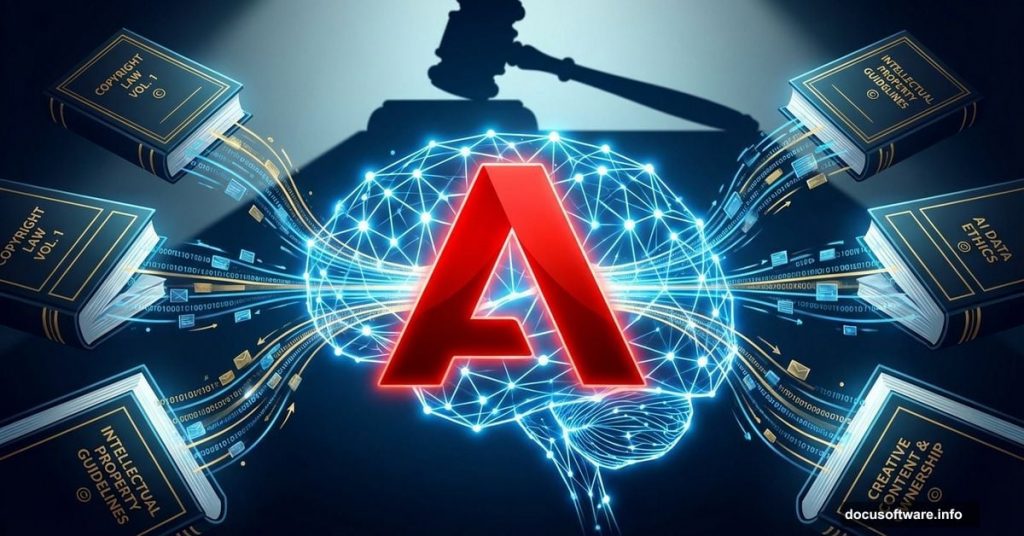 Adobe logo consuming books into AI network with legal gavel looming