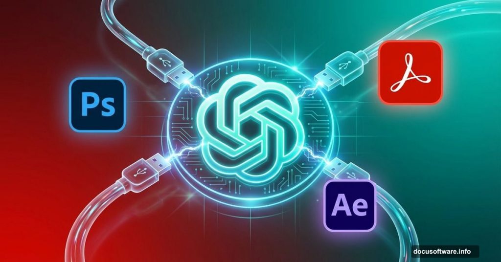 ChatGPT logo connected to Adobe Photoshop, Acrobat, and Express icons