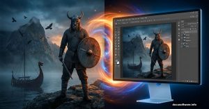 Viking warrior scene transforming into Photoshop photo manipulation tutorial