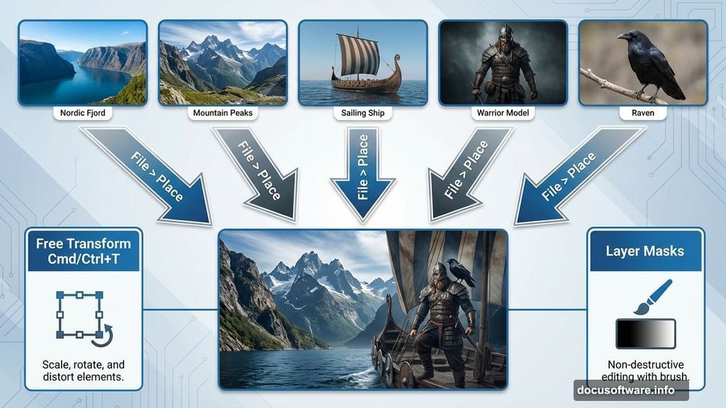 Combining landscapes, ships, and warriors into one dramatic composition