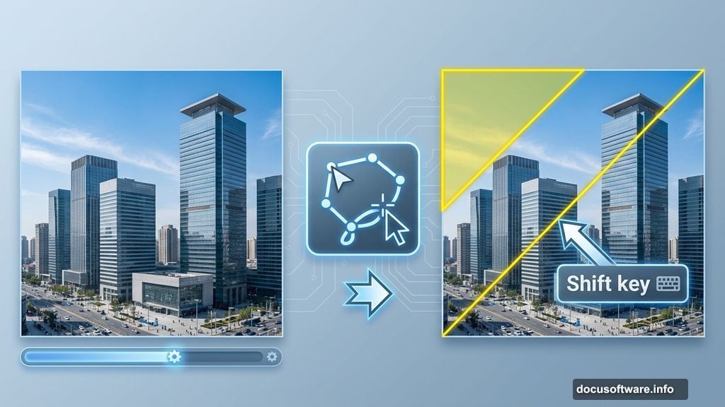 Polygonal Lasso Tool creates perfect 45-degree triangular selection in cityscape