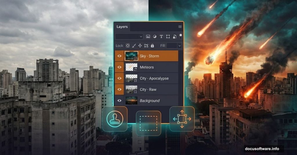 Photoshop layers panel transforming cityscape into cinematic apocalypse scene