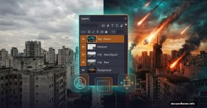 Photoshop layers panel transforming cityscape into cinematic apocalypse scene