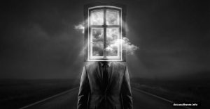 Surreal portrait of suited figure with window replacing head in Photoshop