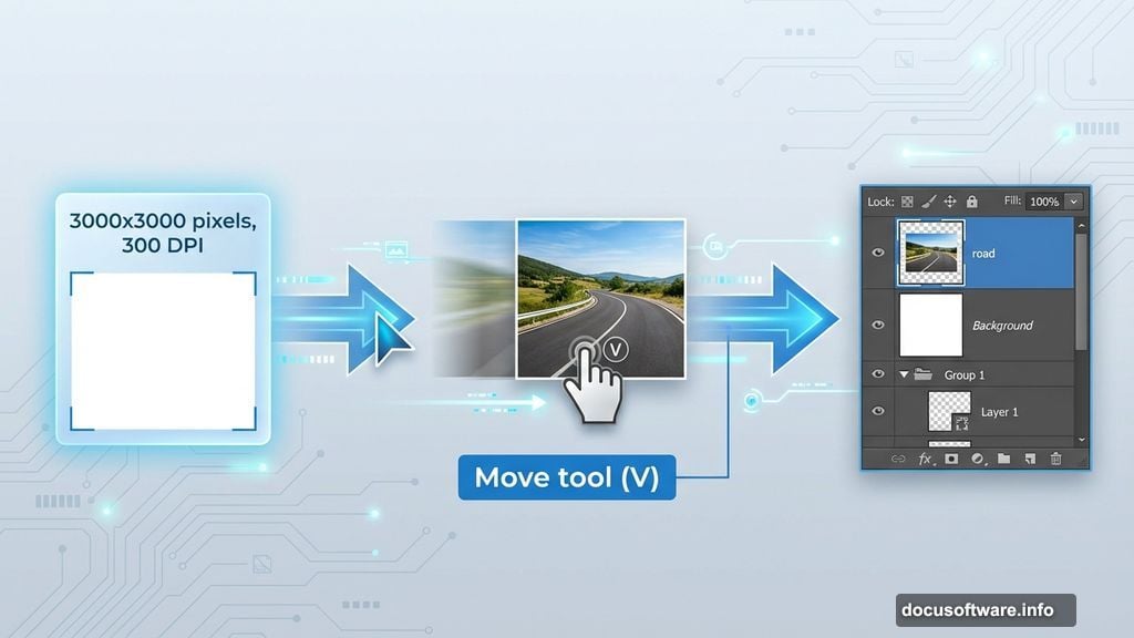 Canvas setup and road foundation layer organization in Photoshop workflow