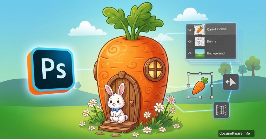 Whimsical carrot house with bunny and Photoshop logo tutorial