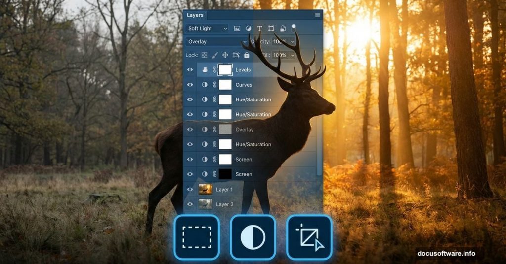 Deer silhouette overlaid with Photoshop layers demonstrating wildlife composite photography tutorial
