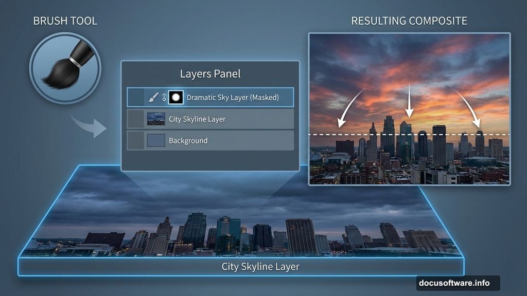 Photo blending using layer masks with soft brush painting